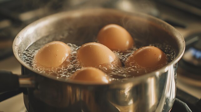 Boiling eggs in a stainless steel pot.