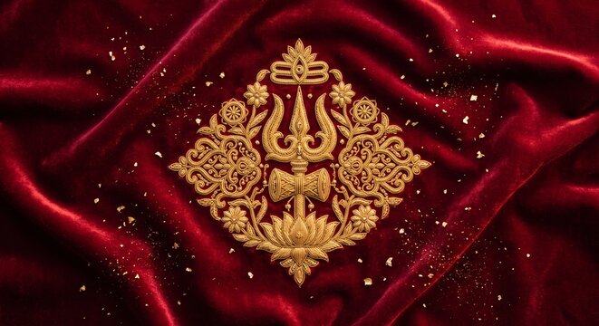 Golden Trishul and Damru Emblem with Floral Filigree Embroidery on Luxurious Red Velvet Fabric Background   