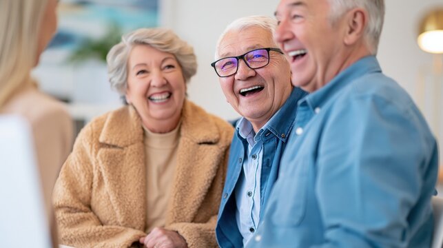 Three elders are joyfully sharing laughter and conversation in a relaxed setting.