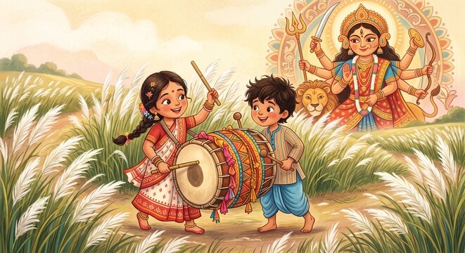 Cute Bengali Children Playing Dhak Drum in Kash Phool Field with Goddess Durga Illustration for Durga Puja   