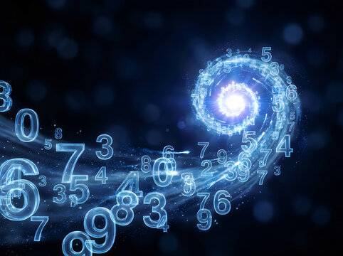 Glowing digital numbers swirling into a light portal representing data flow and mathematical concepts.