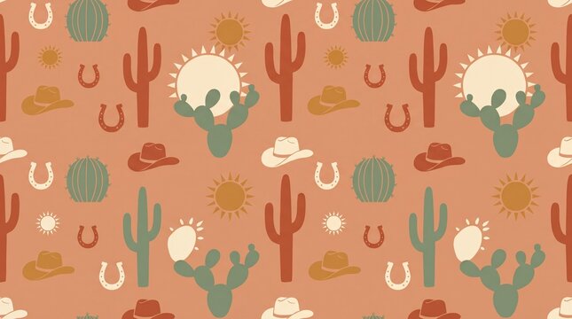 Boho Wild West Seamless Pattern with Desert Cacti and Cowboy Hats