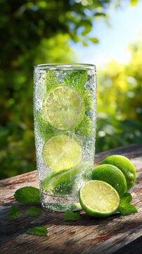 photorealistic refreshing lime and mint drink served in a tall transparent glass, crystal clear sparkling liquid, abundant fresh mint leaves, thin