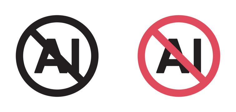 AI, no artificial intelligence sign icon set, prohibition symbols, restricted technology, privacy, digital safety, warning, vector illustration