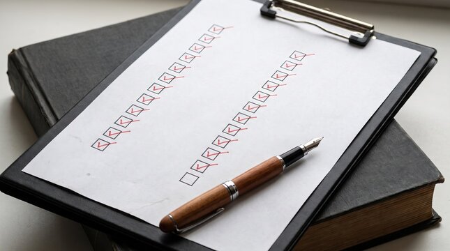 Paper checklist featuring multiple boxes marked with red checkmarks, representing business emergency preparedness, organization, planning, safety, and readiness