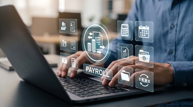 Businessman Hands Using Laptop for Payroll Management with Digital Interface Icons for Human Resources Accounting Finance and Corporate Website Banner