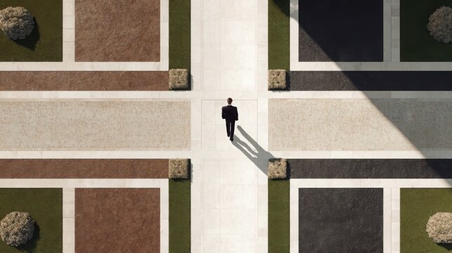 Top down luxury photograph of a person standing precisely at the center of a geometric crossroads formed by four elegant paths, each direction