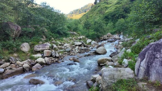Fast Mountain Stream Flowing Through Rocky Green Himalayan Valley