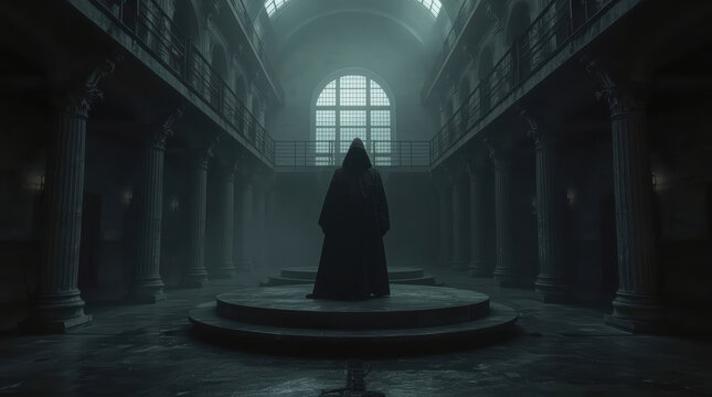 Dark hooded figure in grand hall evokes mysterious historical executioner atmosphere