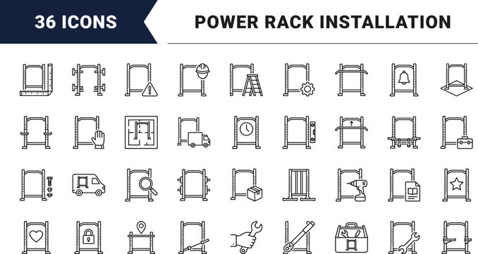 Power Rack Assembly Web Icon Set in Linear Style. Collection of fitness equipment, rack installation, home gym, assembly tools, hardware mounting, gym equipment line icons, including installation