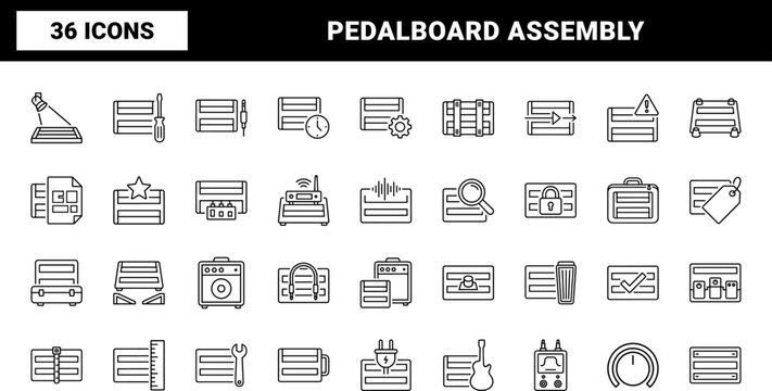 Pedalboard Board Layout Build Web Icon Set in Linear Style. Collection of Audio Setup line icons, including rigging, routing, cabling, assembly, hardware, staging.