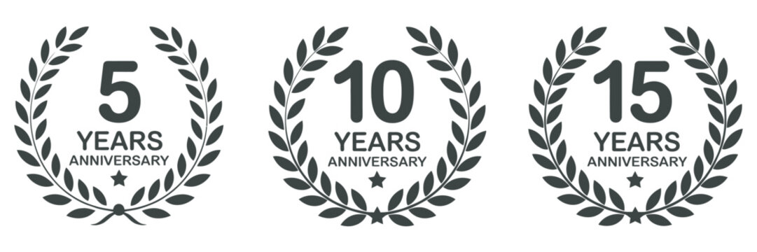 Anniversary, laurel wreath icon set for 5, 10, and 15 years celebration, milestone badges, achievement, commemorative vector design