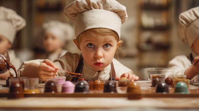 Ultra realistic close up photograph of a toddler at a children s chocolate making master class, wearing a miniature chocolatier apron and chef hat