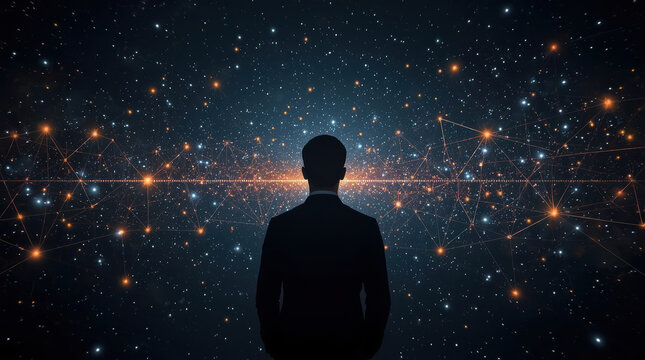 Human silhouette facing cosmic network, suggesting existential thought and human connection