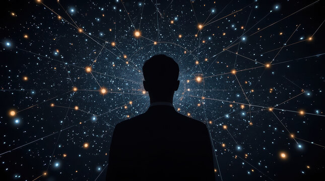 Human silhouette facing star network in deep space with cosmic light and existential wonder