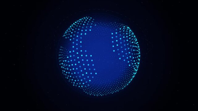 Digital earth globe animation, rotating blue dotted sphere technology background