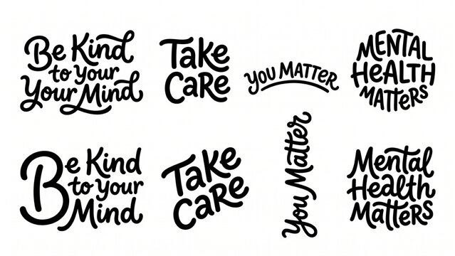 Hand lettered phrases promoting mental health and self care black vector illustration