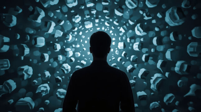 Anonymous person facing abstract thought cloud in surreal blue tunnel with reflective mood