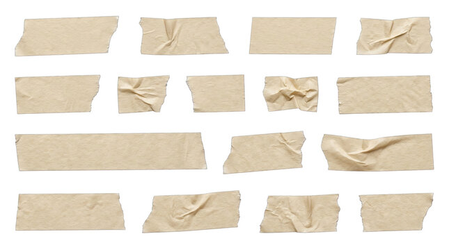 Assorted torn paper adhesive tape strips with subtle texture in even lighting isolated on transparent background