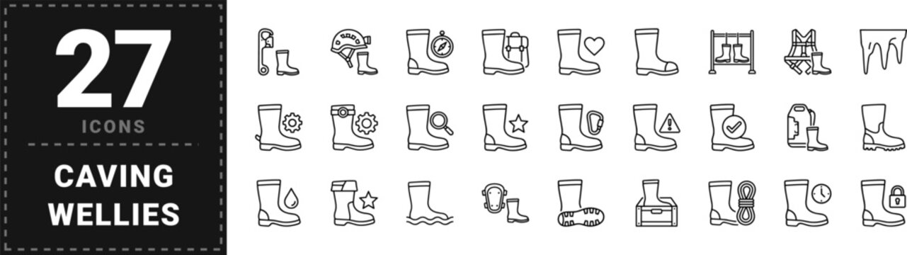 Wellies Caving Web Icon Set in Linear Style. Collection of speleology footwear line icons, including caving boots, muddy trail, safety gear, vertical caving, cavern exploration, equipment care.