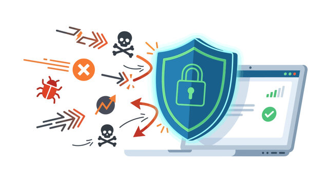 Cybersecurity concept showing a laptop protected by a glowing shield against malicious cyber attacks and malware