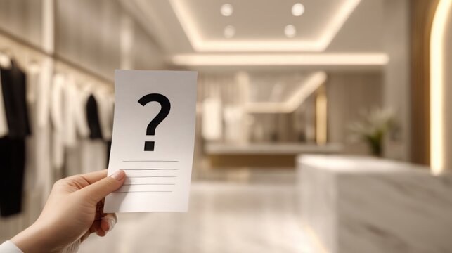 Ultra realistic luxury consumer concept, close up of an elegant hand holding a premium shopping receipt with a large minimalist question mark instead