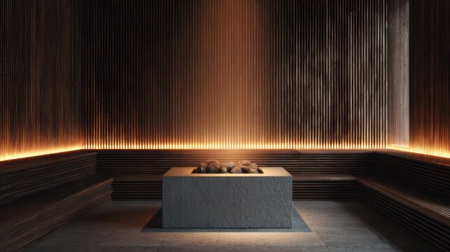 Ultra realistic luxury contemporary sauna interior, inside view, one central glowing sauna heater surrounded by smooth natural stones, vertical dark