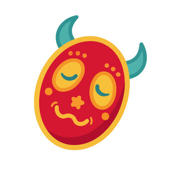 Cartoon devil mask with horns and closed eyes