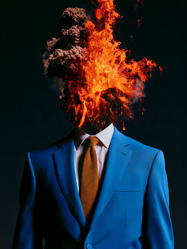 A bright blue suit paired with a mustard-yellow tie, and an exploding volcano for a head