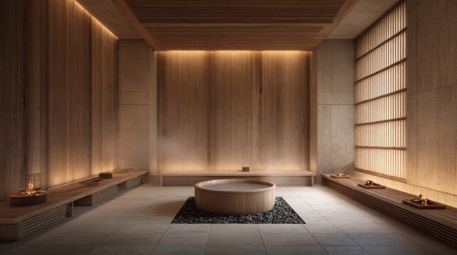 Ultra realistic luxury Japanese inspired sauna interior, inside view, one central low wooden soaking tub as the focal object, pale cedar walls