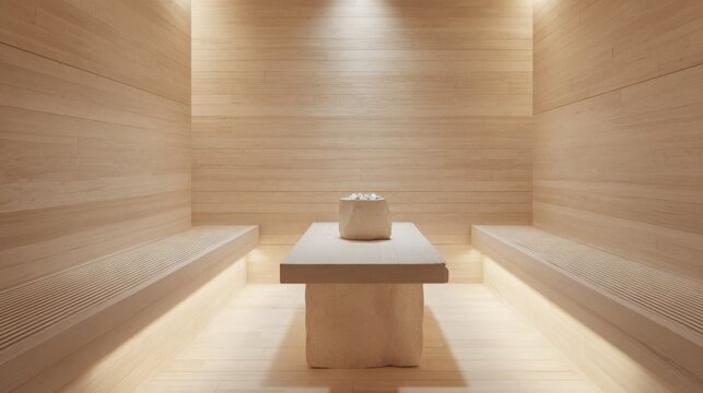 Ultra realistic luxury light toned sauna interior, inside view, one central pale stone sauna heater as the focal object, light ash wood walls, cream