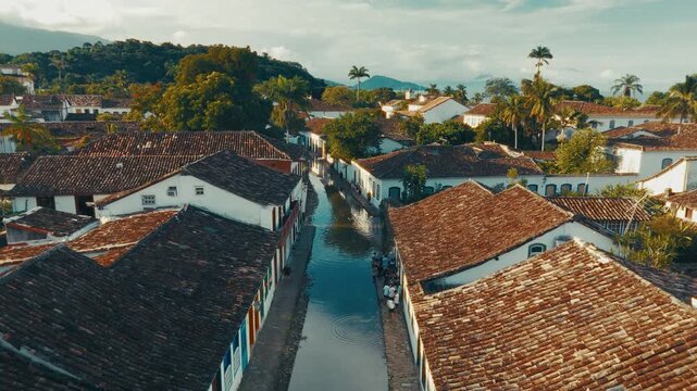 Aerial view of the flooded streets of the colonial town of Paraty, Brazil
