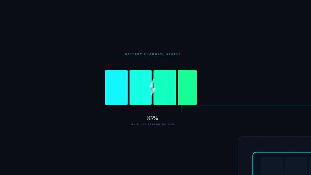 Futuristic charging indicator with glowing neon cyan and green segments and lightning bolt symbol on dark interface