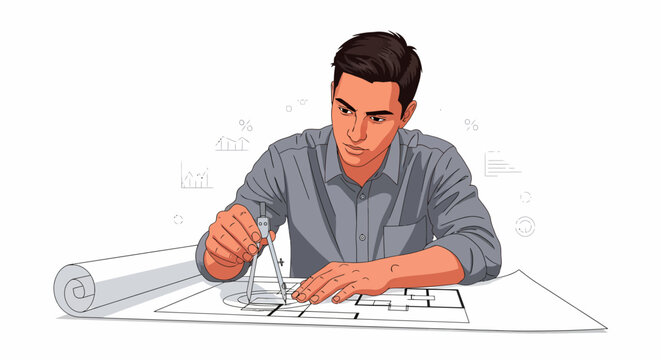 Hispanic Architect Calculating Space ROI with Silver Compass on Blueprint