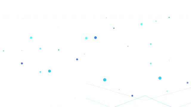 Abstract animation of blue squares and dots floating on white background, generative motion graphic