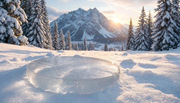 Circular ice disc rests in snow with frosted pine trees and sunlit mountain backdrop