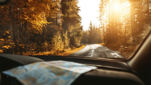 Ultra realistic travel photograph from the driver s perspective inside a car, one small road trip map resting on the dashboard, winding asphalt road