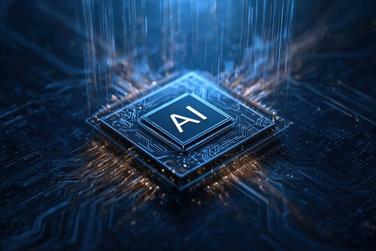 Glowing AI microchip on a dark circuit board with streaming data lines, representing futuristic neural computing and advanced hardware.