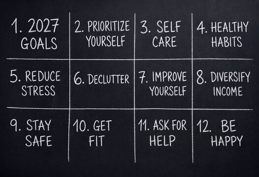 Chalkboard list of 12 resolutions for 2027 goals with self-care and healthy habits for personal development during the new year