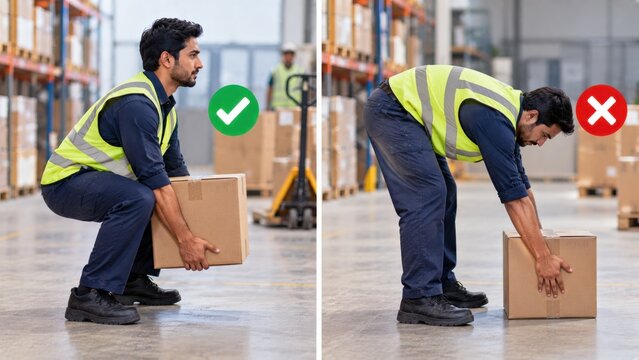 Warehouse worker demonstrating proper lifting technique using legs to move a box for safety.