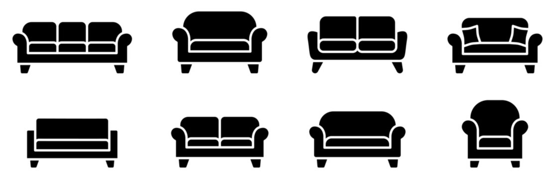 Sofa and couch furniture icons for home, living room, interior design, decor, and furniture projects.
