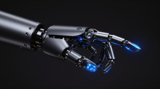 Futuristic robotic hand with glowing blue lights touching something in the dark
