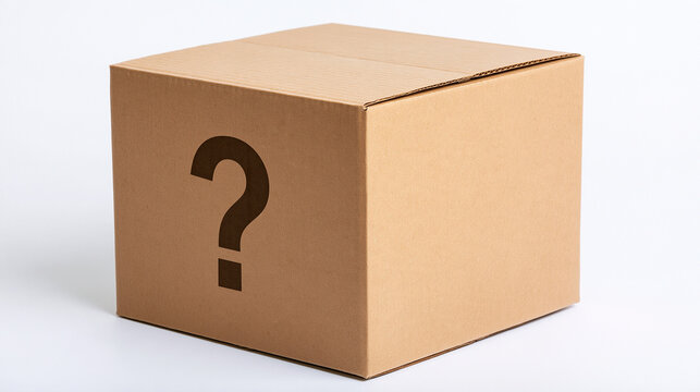 Cardboard box with a question mark symbol isolated on white background. Mystery package concept for delivery and shipping business.