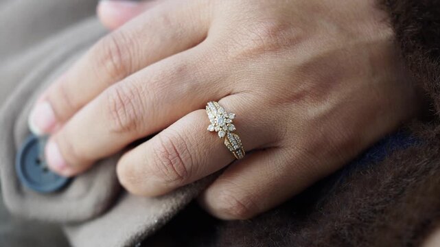 Sparkling diamond ring on finger of hand resting on coat during outdoor wedding photo shoot.