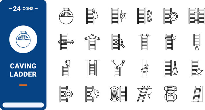 Caving Ladder Pitch Descent Rig Web Icon Set in Linear Style. Collection of Speleo Descent line icons, including vertical rigging, caving gear, pitch descent, anchor hardware, safety equipment.