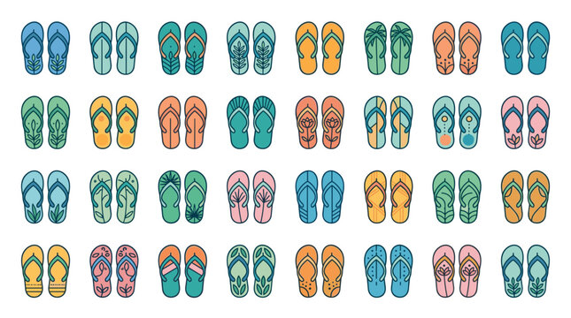 Vector graphic illustration of a pair of summer flip-flops footwear. Minimalist flat design icon of beach sandals on white background for travel, vacation, and seasonal fashion concepts.