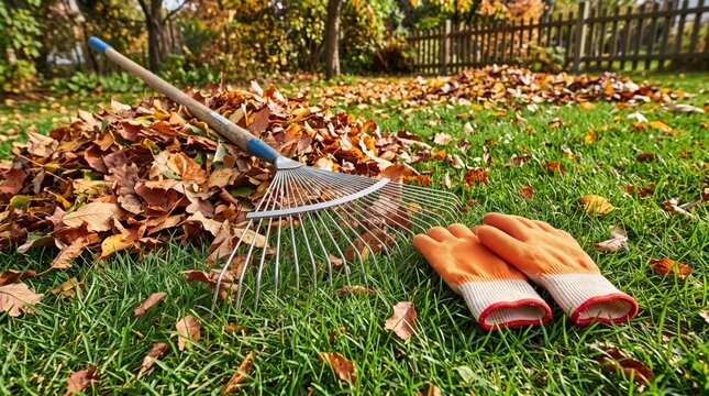 Gardening rake and protective gloves lying on green lawn with dry autumn leaves pile during backyard seasonal cleanup