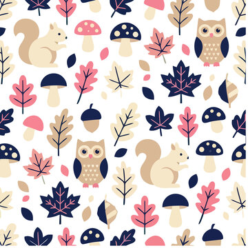 Autumn seamless pattern with squirrels, owls, leaves, and mushrooms