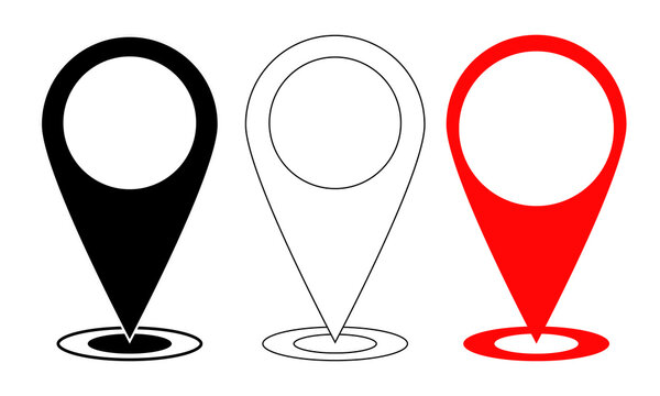 Set of map pin location icons in solid black, outline, and red style isolated on white background.