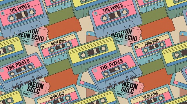 Seamless Retro Cassette Tape and Concert Ticket Pop Art Pattern Background